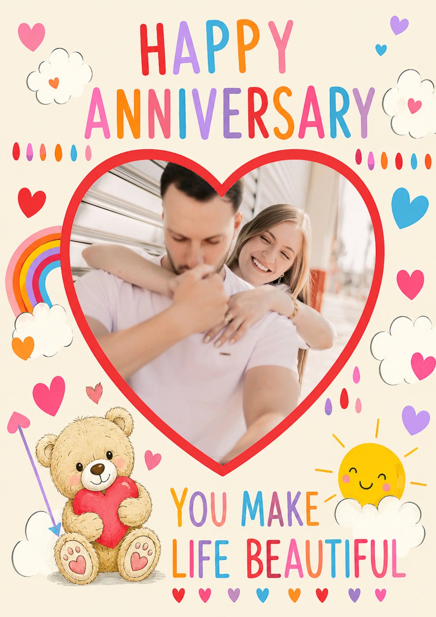 Cute Teddy Bear Rainbow Photo Upload Anniversary Card for Her