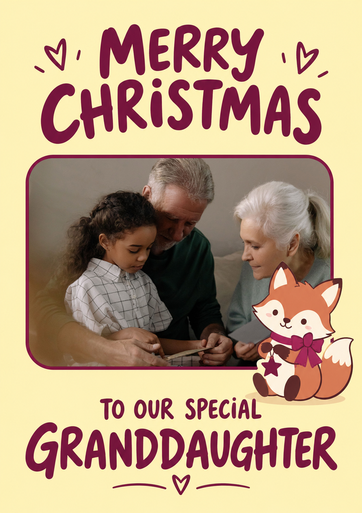 Cute Fox Granddaughter Photo Upload Christmas Card for Her