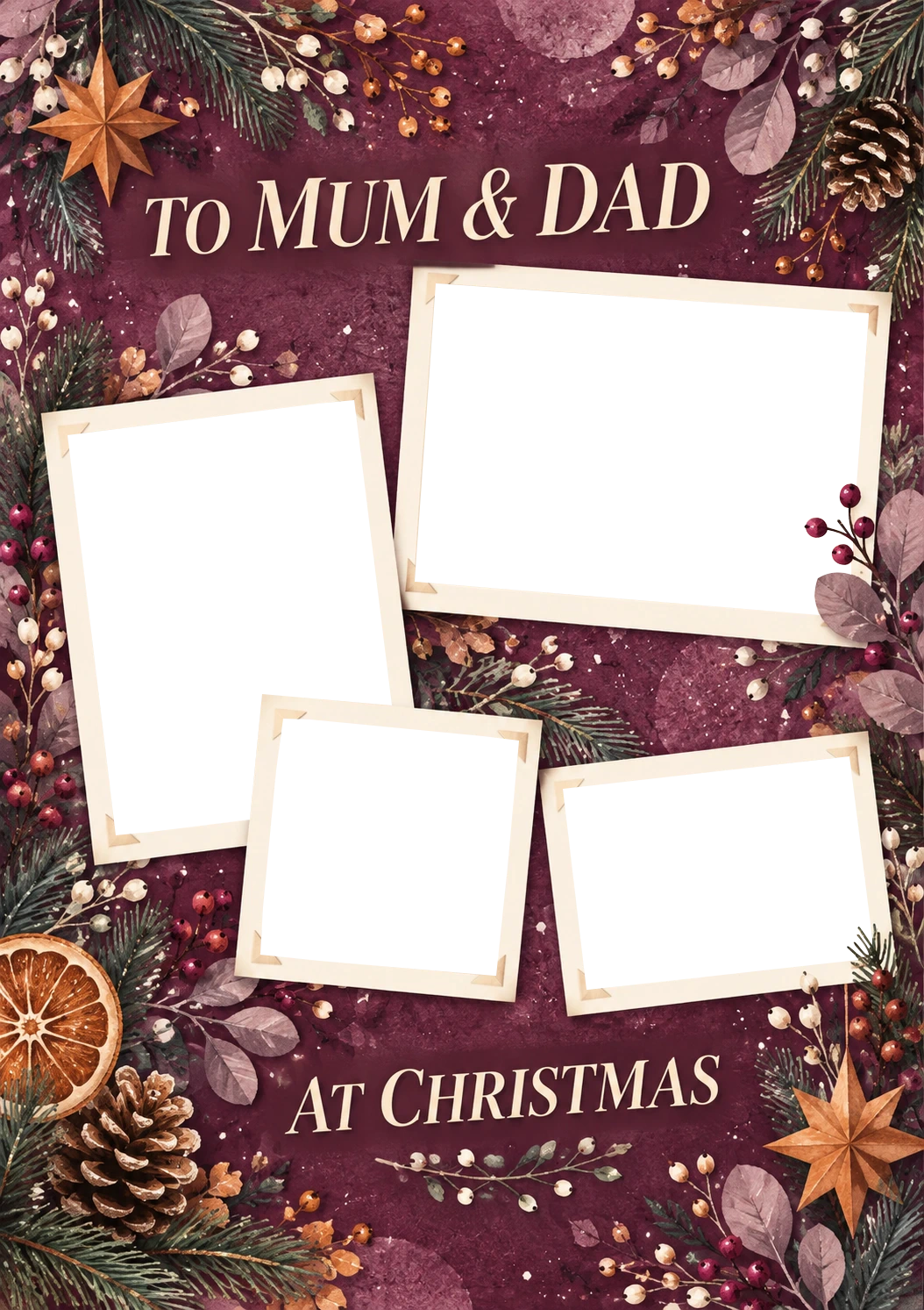 Burgundy Botanical Mum & Dad Photo Upload Christmas Card
