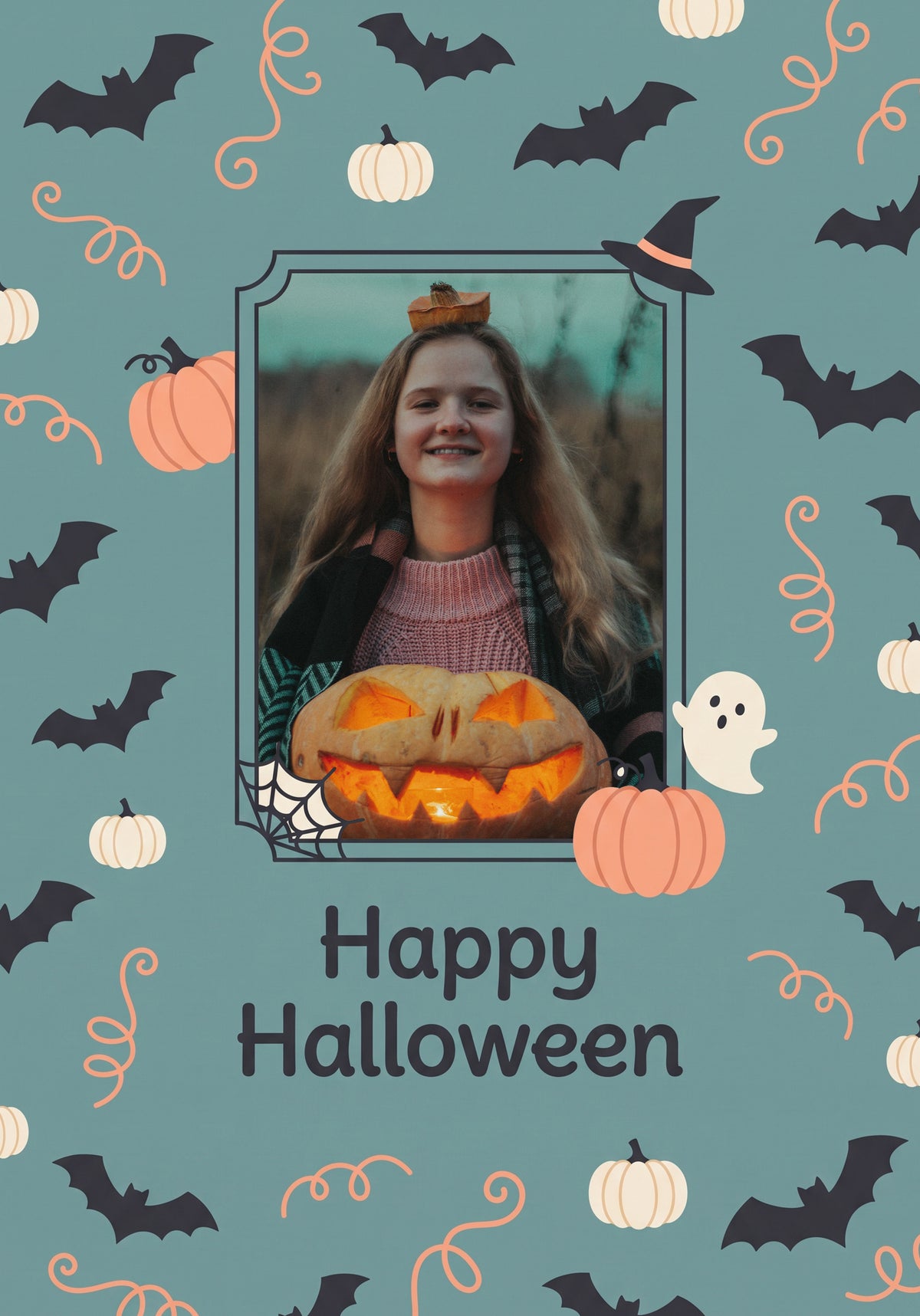 Cute Bats and Pumpkins Photo Upload Halloween Card for Her
