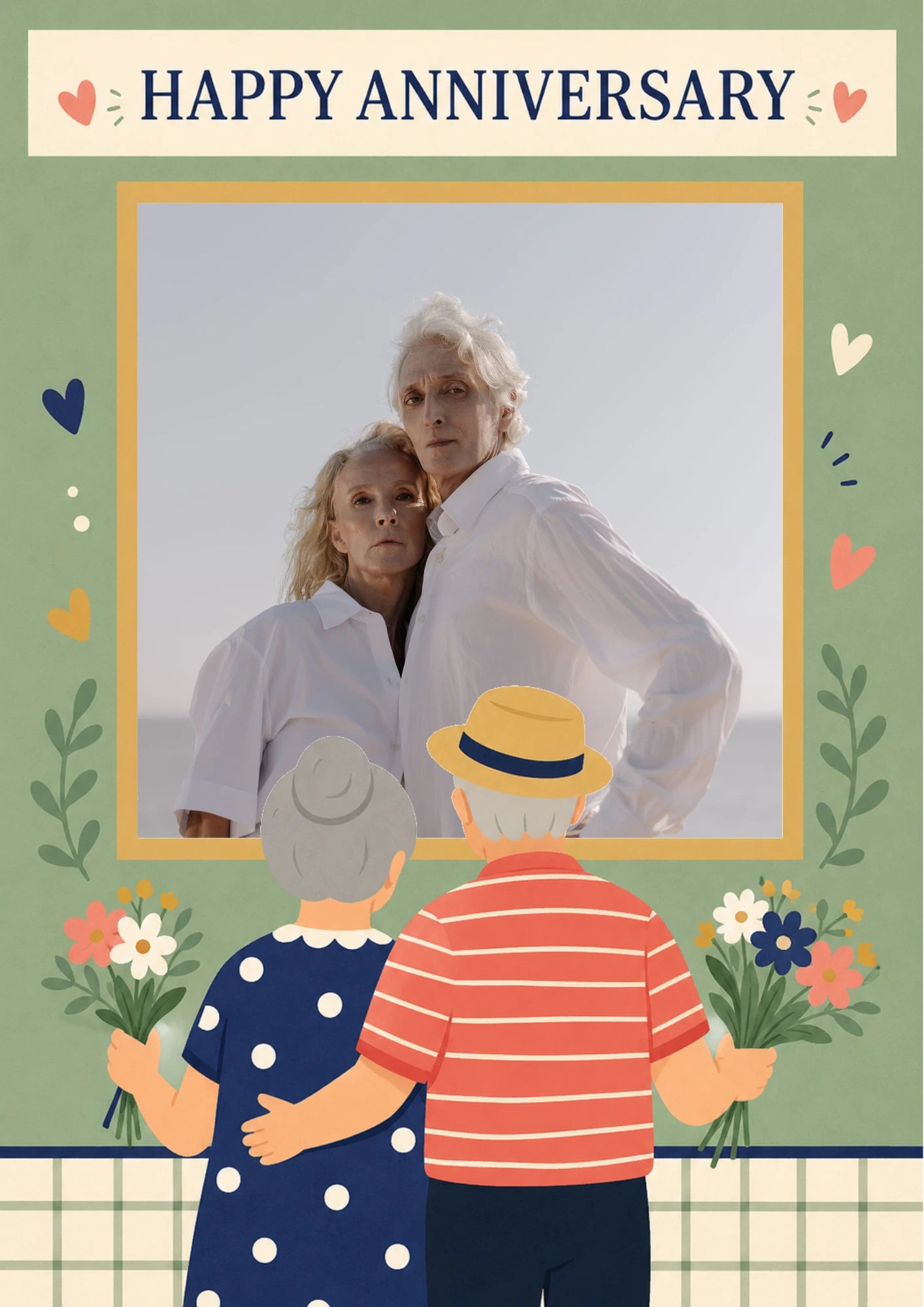 Cute Illustrated Elderly Couple Photo Upload Anniversary Card