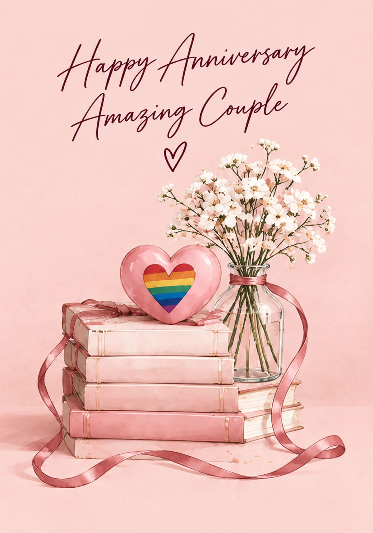 Rainbow Heart Pink Floral LGBTQ+ Anniversary Card