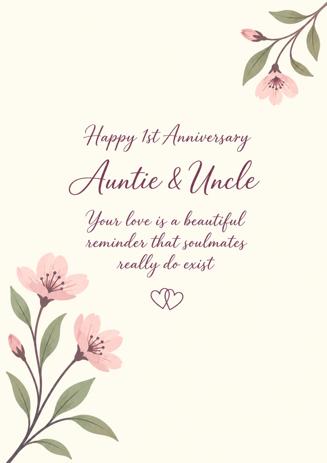 Pink Floral Soulmates Auntie and Uncle 1st Anniversary Card