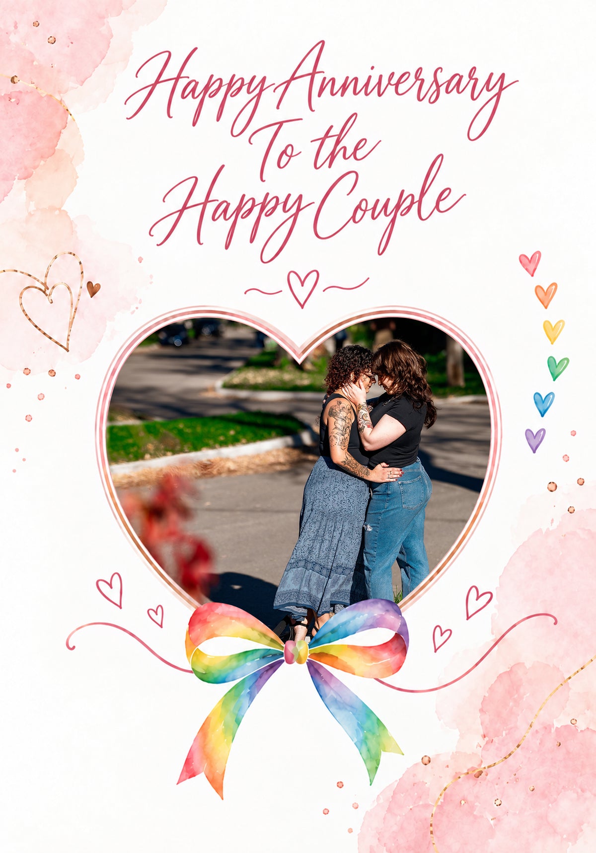Rainbow Bow Heart LGBTQ+ Photo Upload Anniversary Card