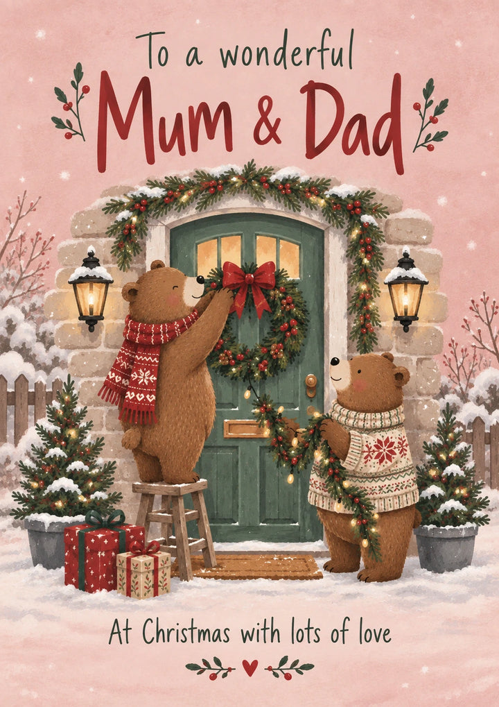 Cute Bears Decorating Door Mum & Dad Christmas Card