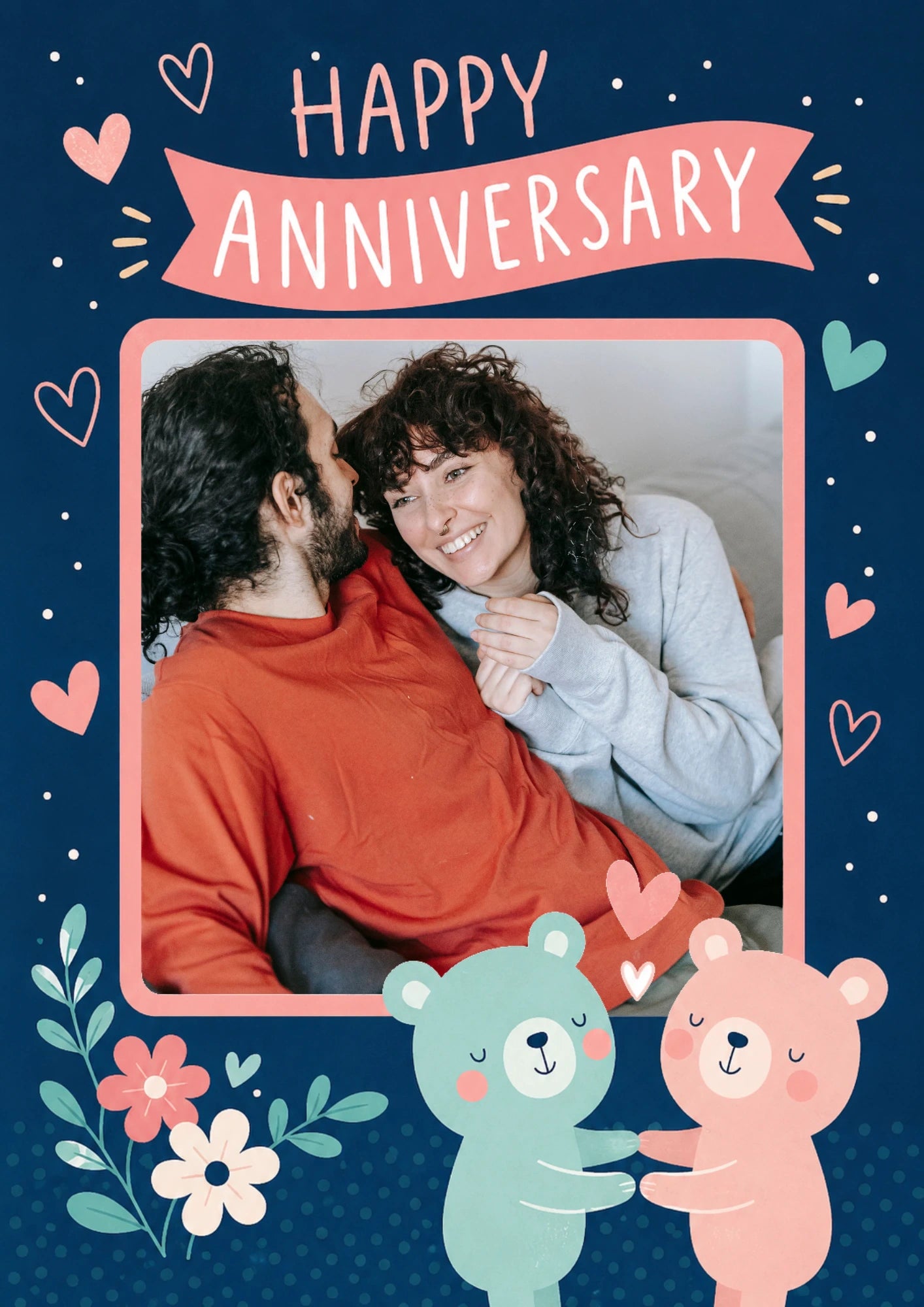 Cute Bears and Flowers Photo Upload Anniversary Card