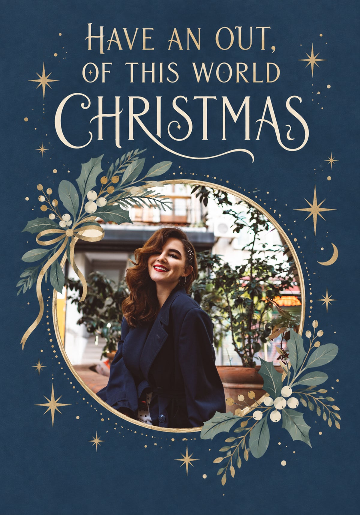 Out of This World Navy Floral Photo Upload Christmas Card for Her