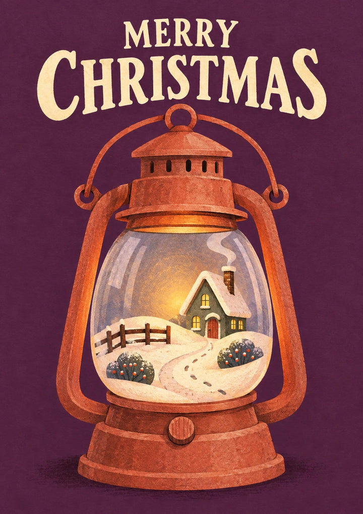 Vintage Lantern Snow Globe Scene Christmas Card for Cousin