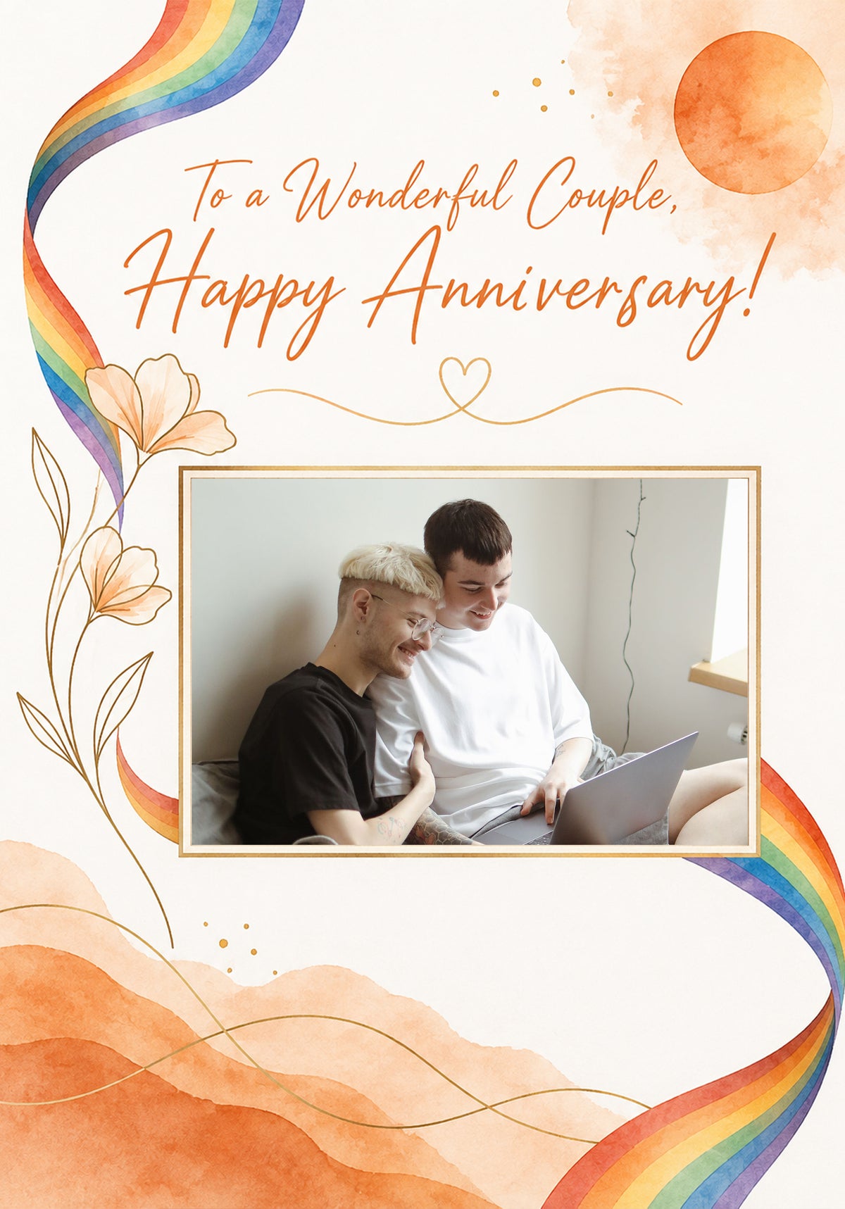 Rainbow Pride Floral Photo Upload Anniversary Card