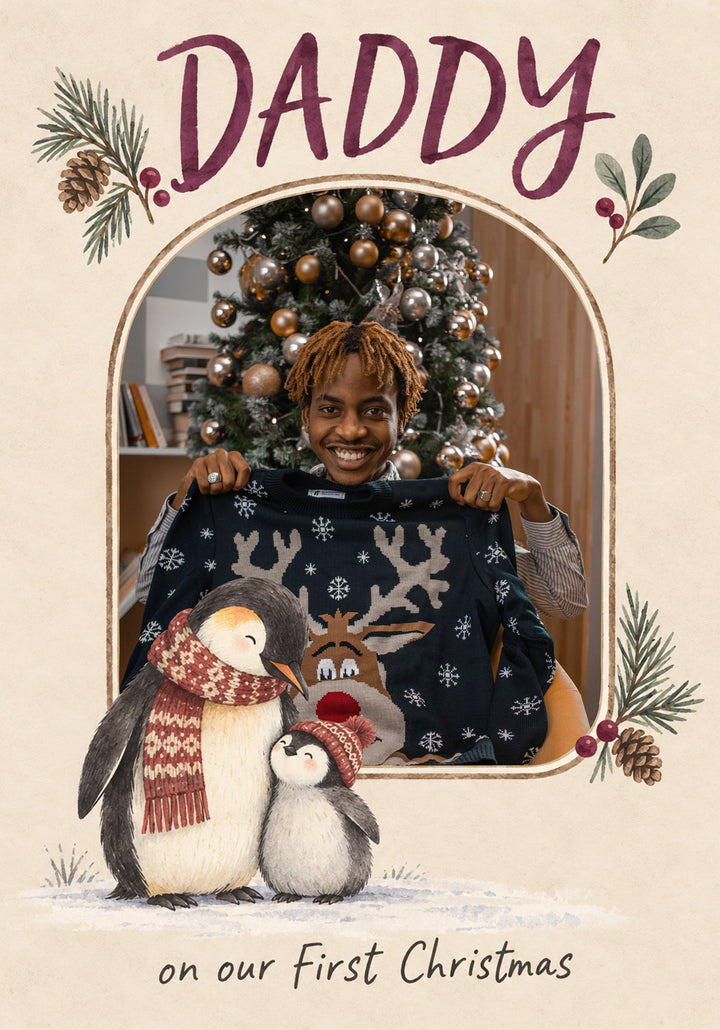 Daddy Penguins First Christmas Photo Upload Christmas Card for Him