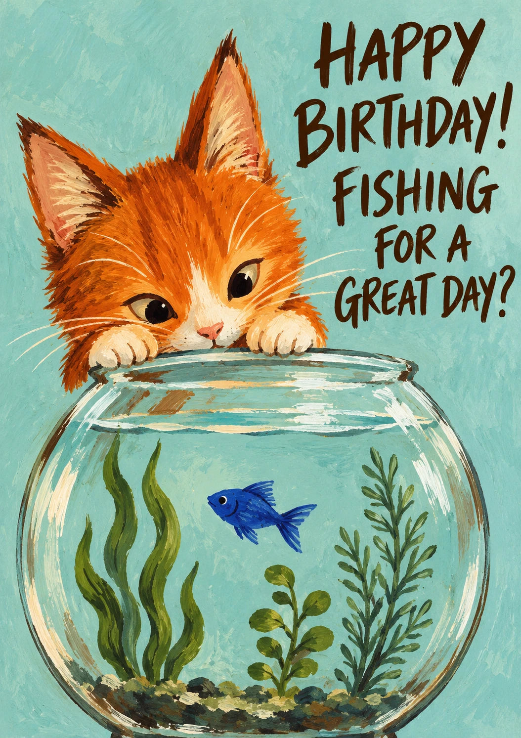 Funny Cat Peeking at Fishbowl Birthday Card
