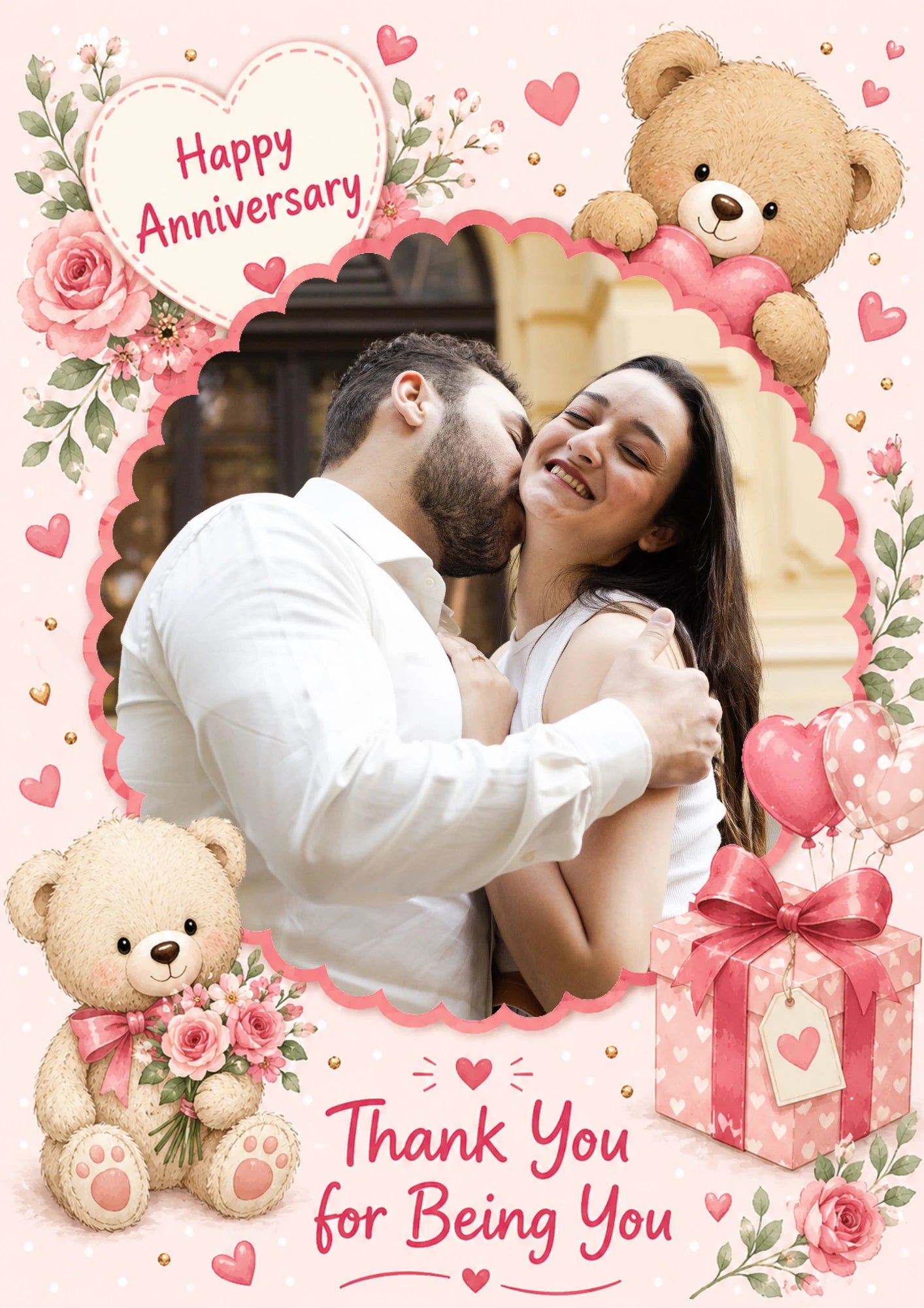 Cute Teddy Bear Pink Floral Photo Upload Anniversary Card for Her