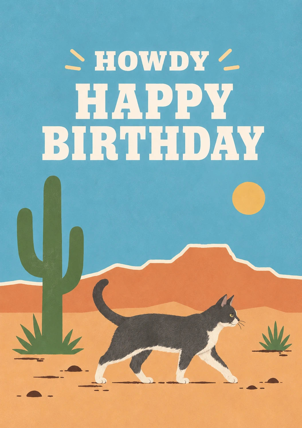 Howdy Western Desert Cat Happy Birthday Card