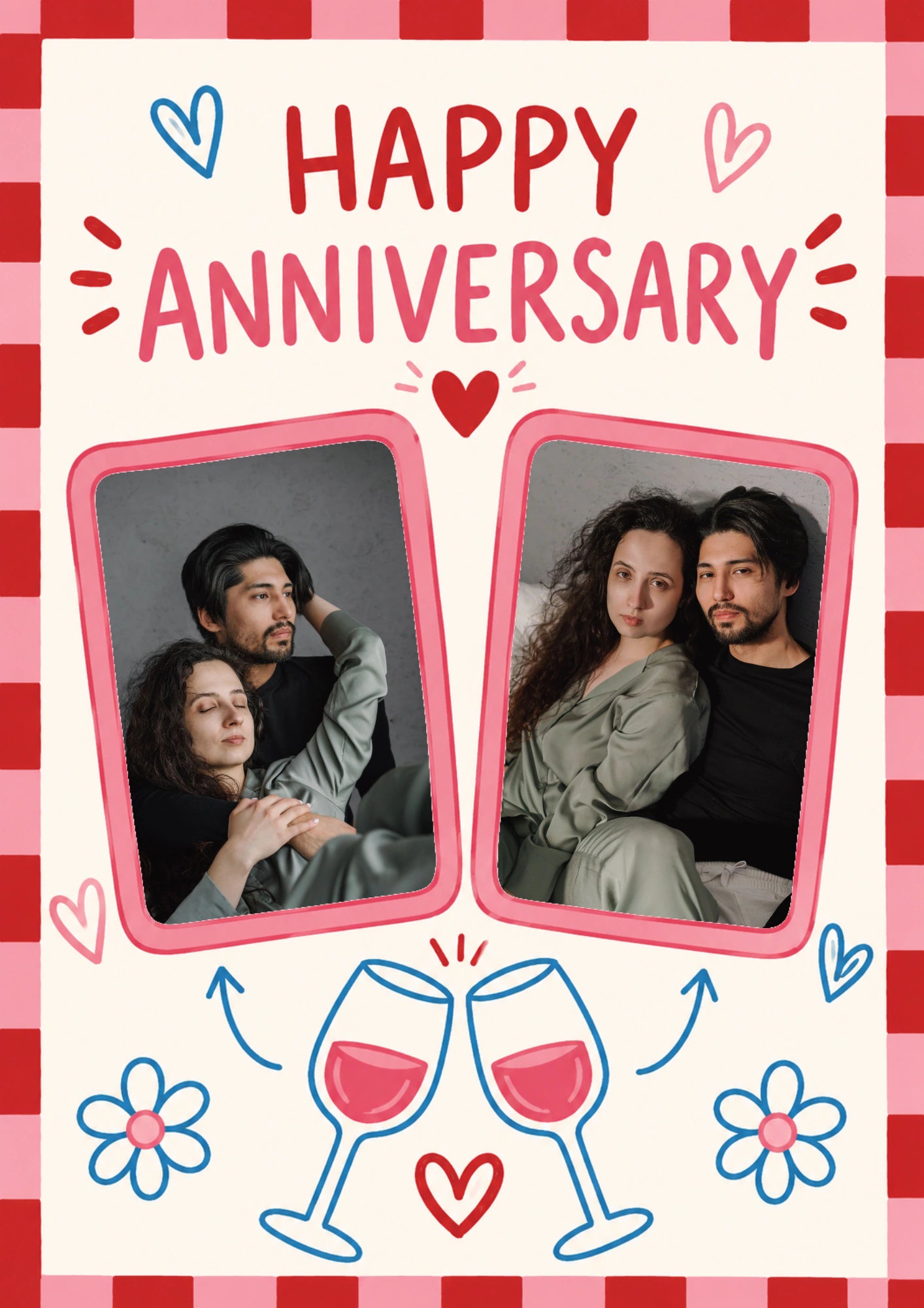 Cheerful Checkered Hearts Two Photo Upload Anniversary Card