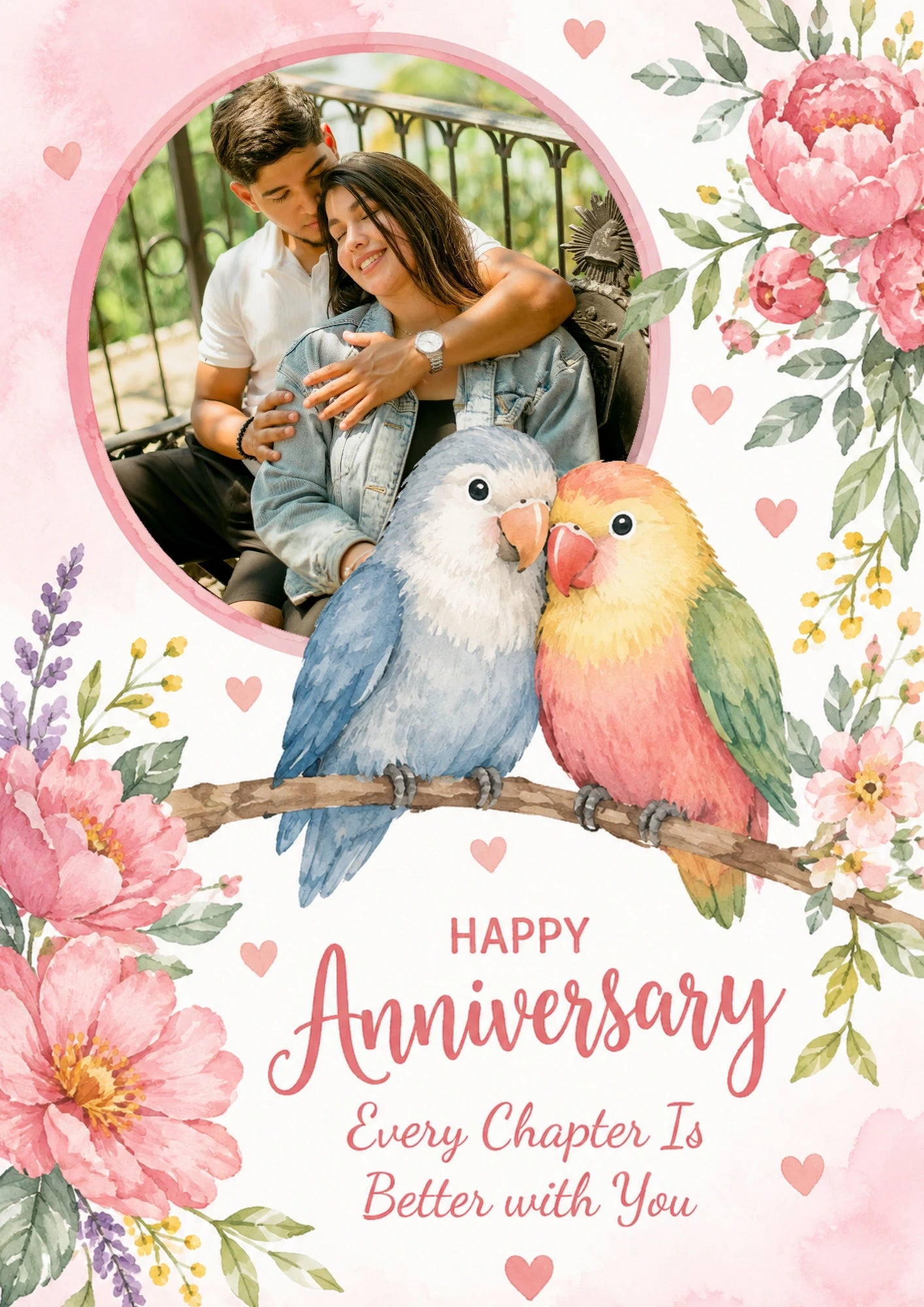 Lovebirds Floral Photo Upload Anniversary Card