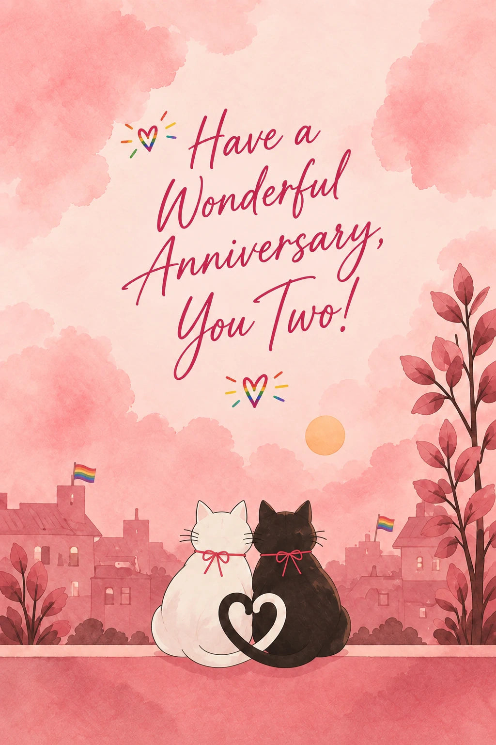 Rainbow Heart Cats Anniversary Card for LGBTQ+ Couple