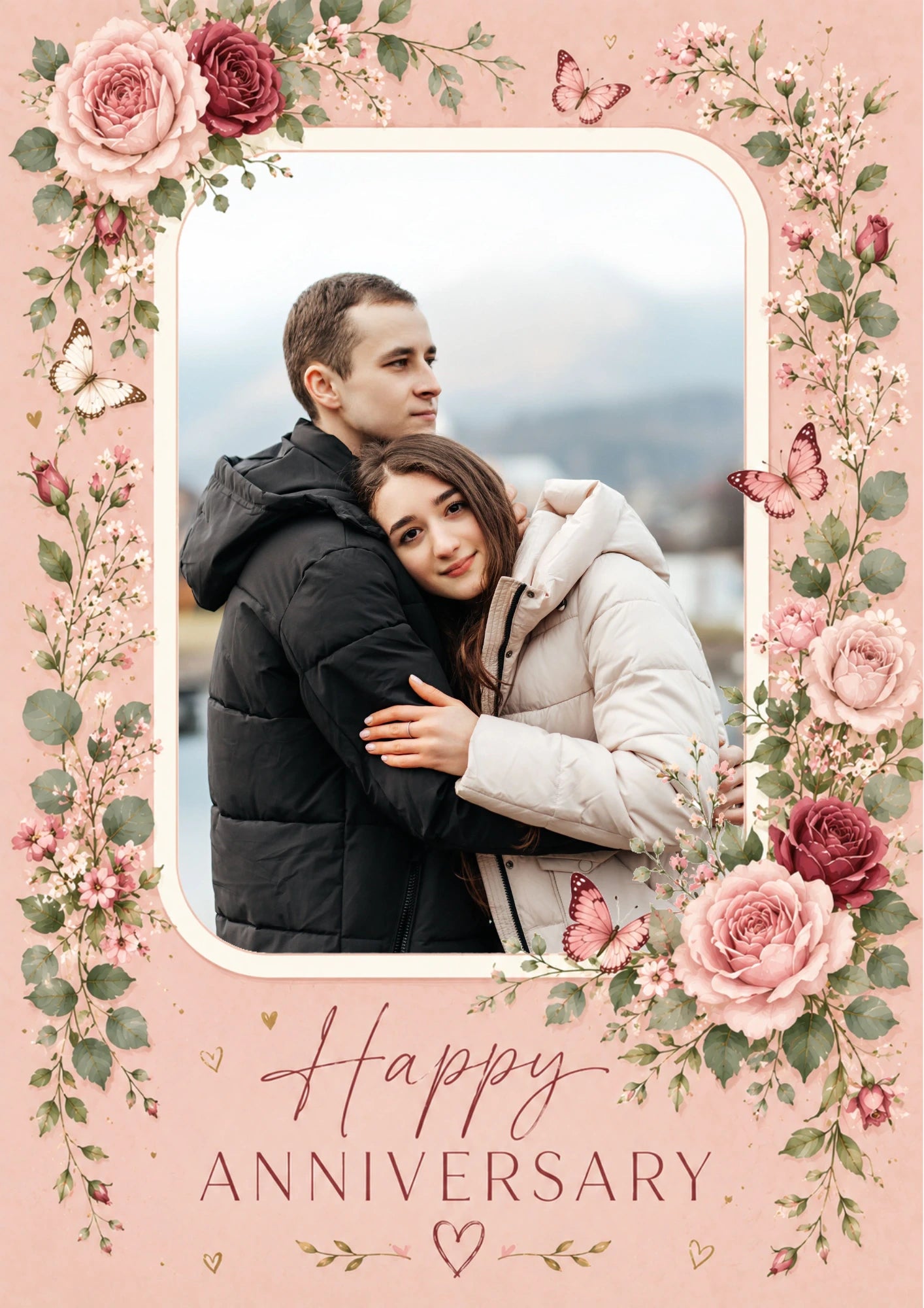 Pink Floral Butterflies Photo Upload Anniversary Card