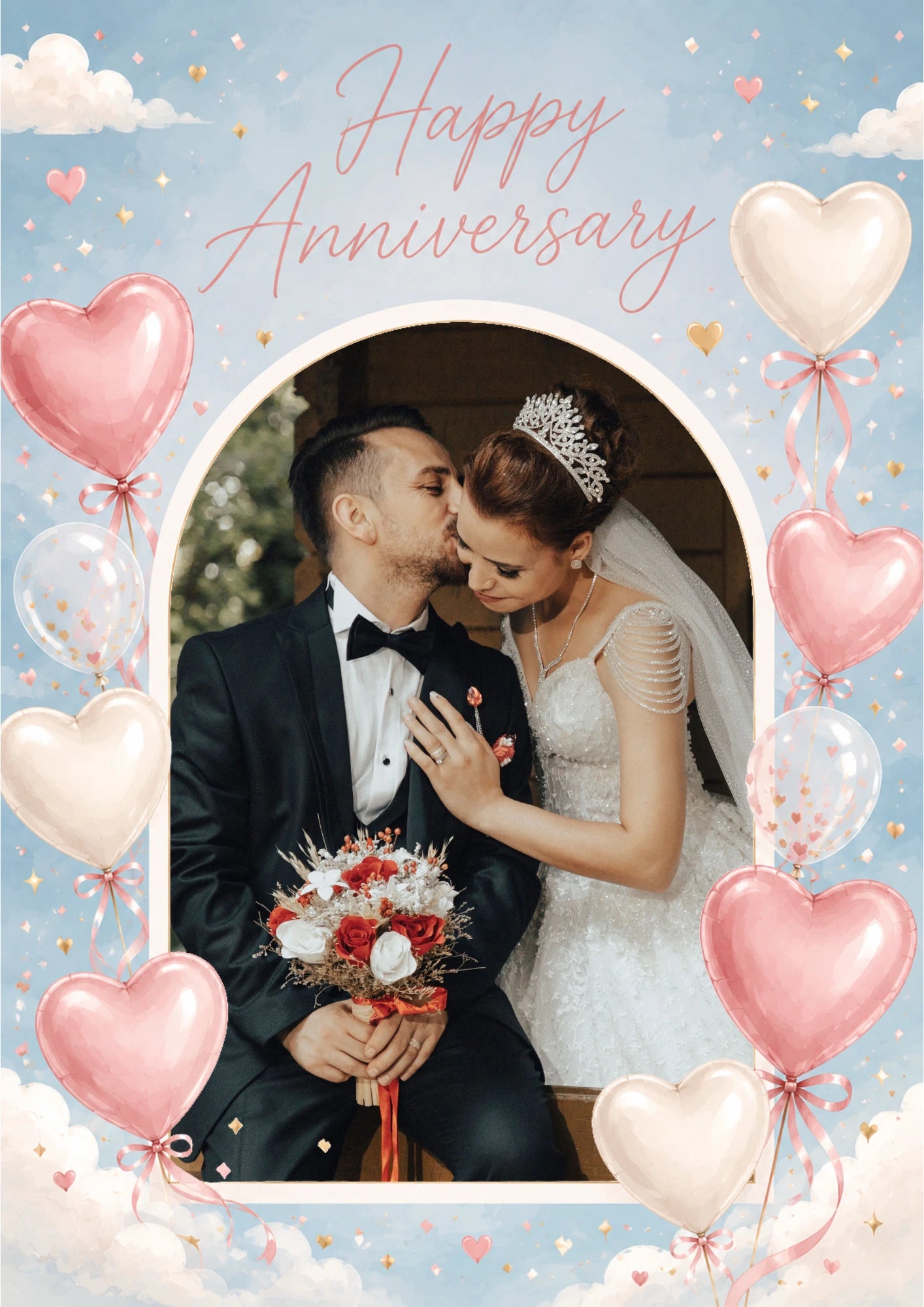 Pink Heart Balloons Photo Upload Anniversary Card for Her