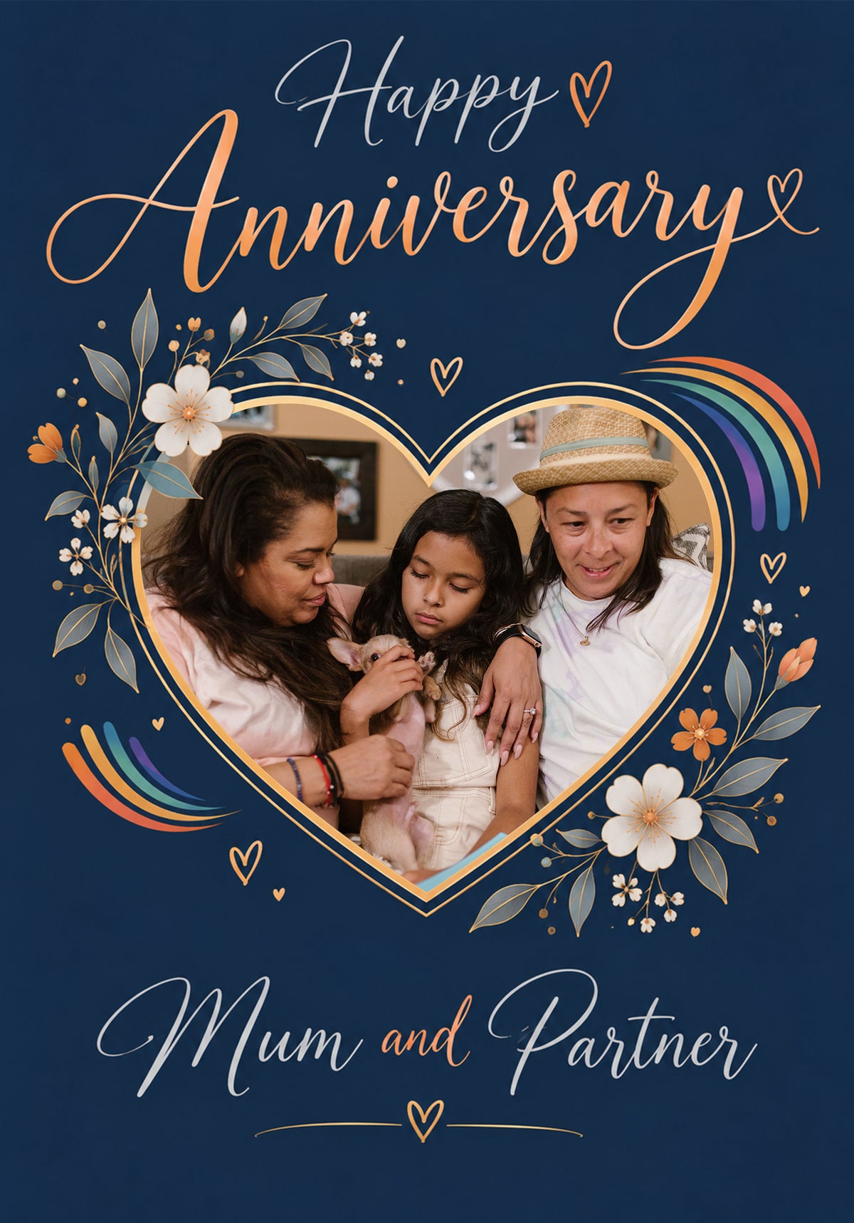Navy Floral Heart LGBTQ+ Photo Upload Anniversary Card for Mum