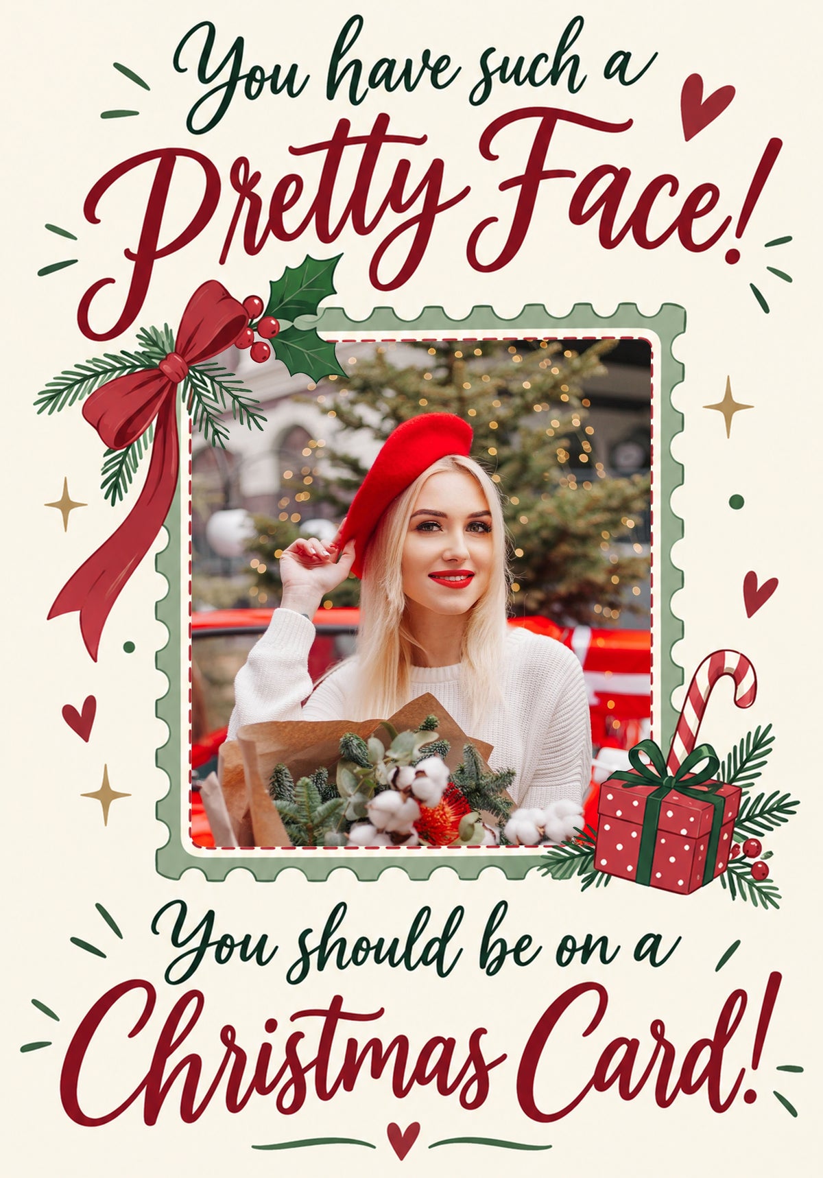 Funny Pretty Face Christmas Stamp Photo Upload Birthday Card