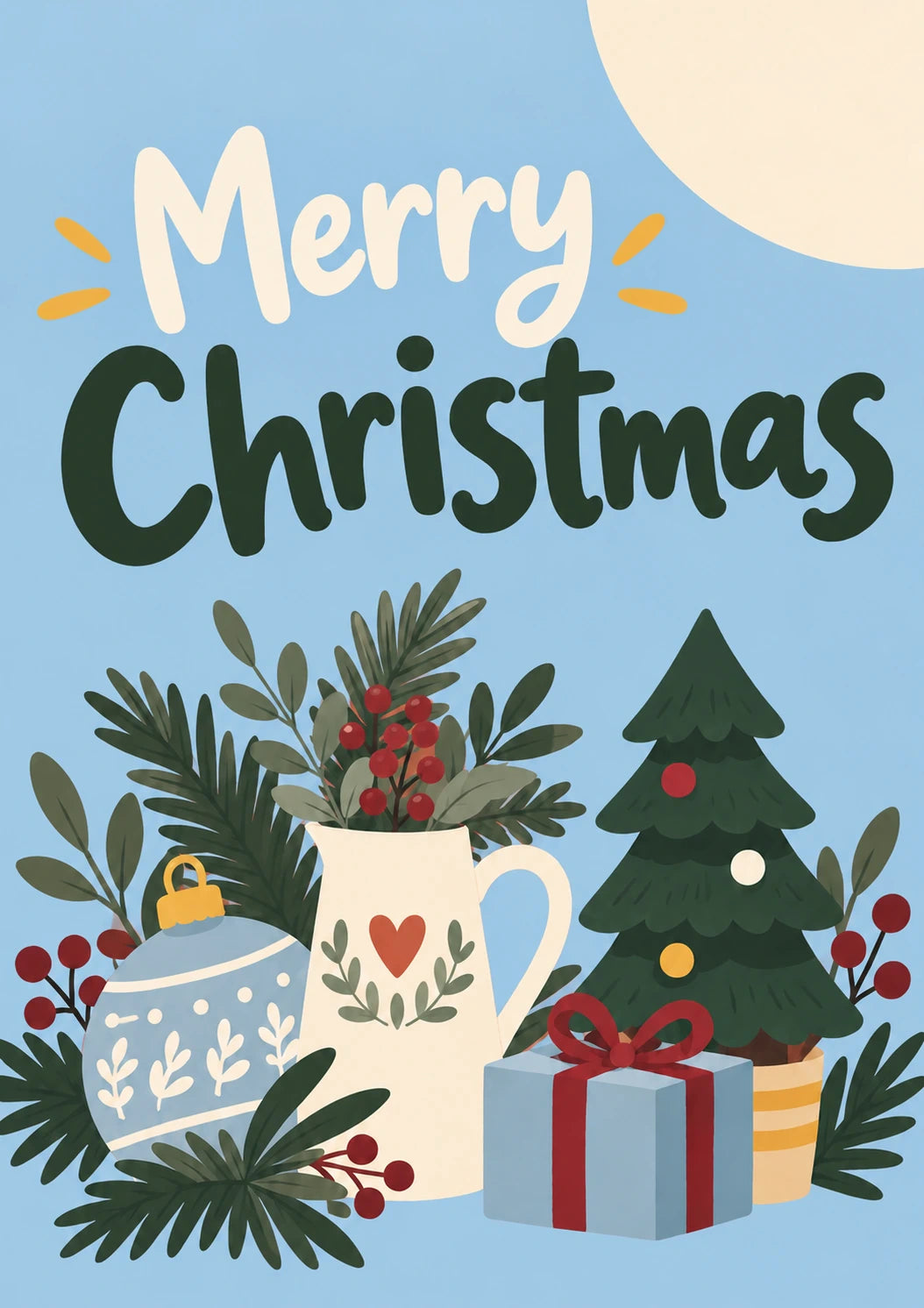 Festive Holly Vase and Tree Christmas Card for Her