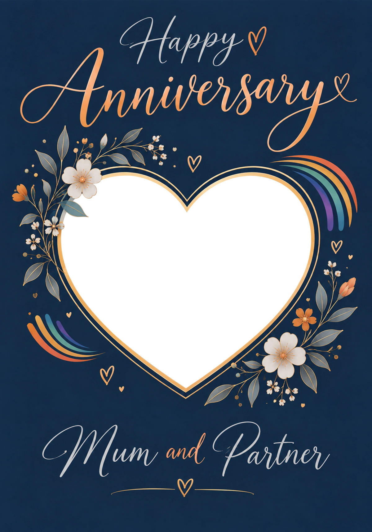 Navy Floral Heart LGBTQ+ Photo Upload Anniversary Card for Mum