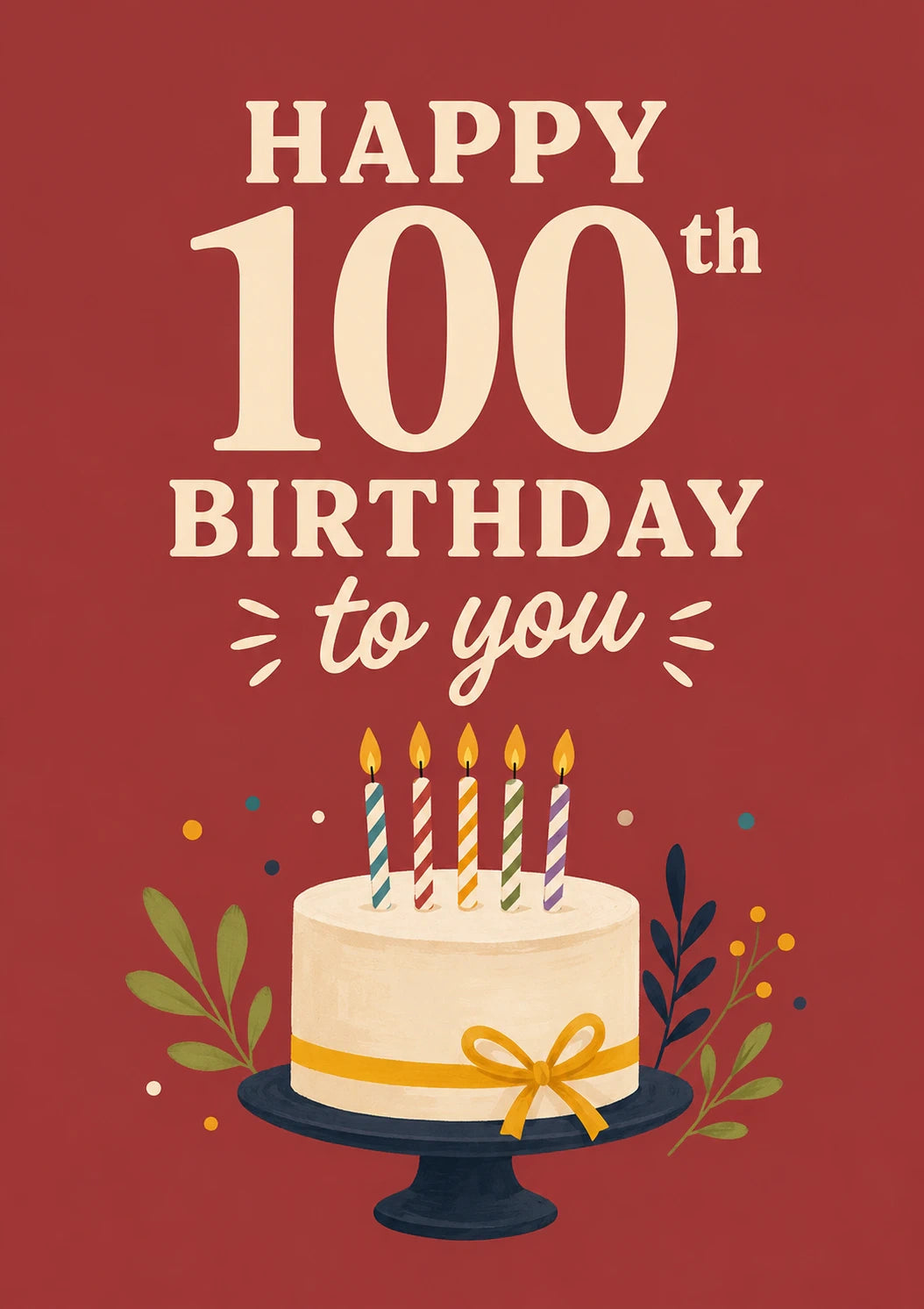 Red Botanical Cake 100th Birthday Card