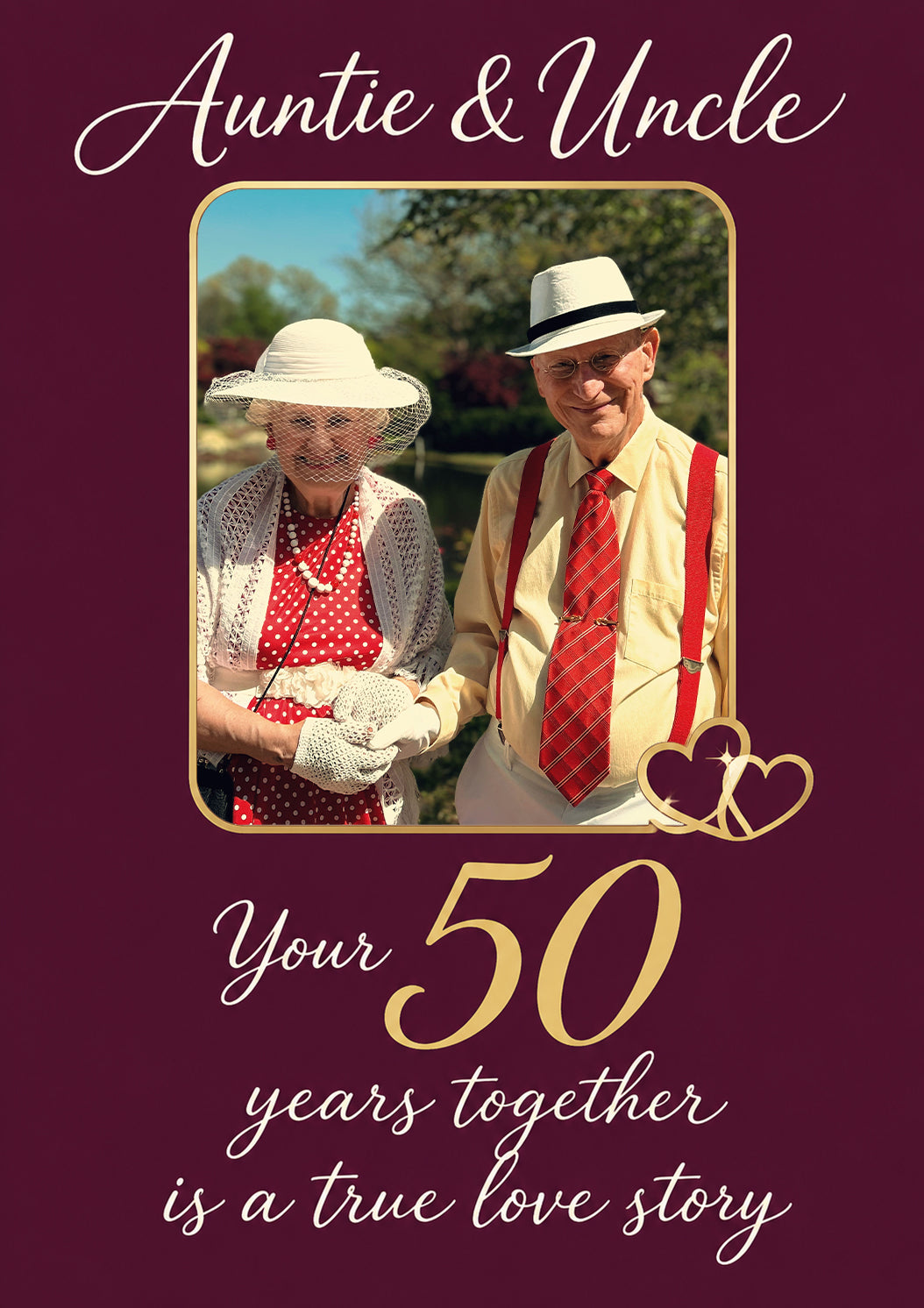 Auntie and Uncle Gold Hearts 1 Photo Upload 50th Anniversary Card