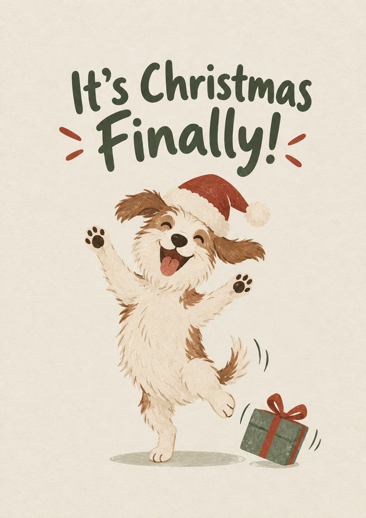 Funny Dancing Dog in Santa Hat Christmas Card