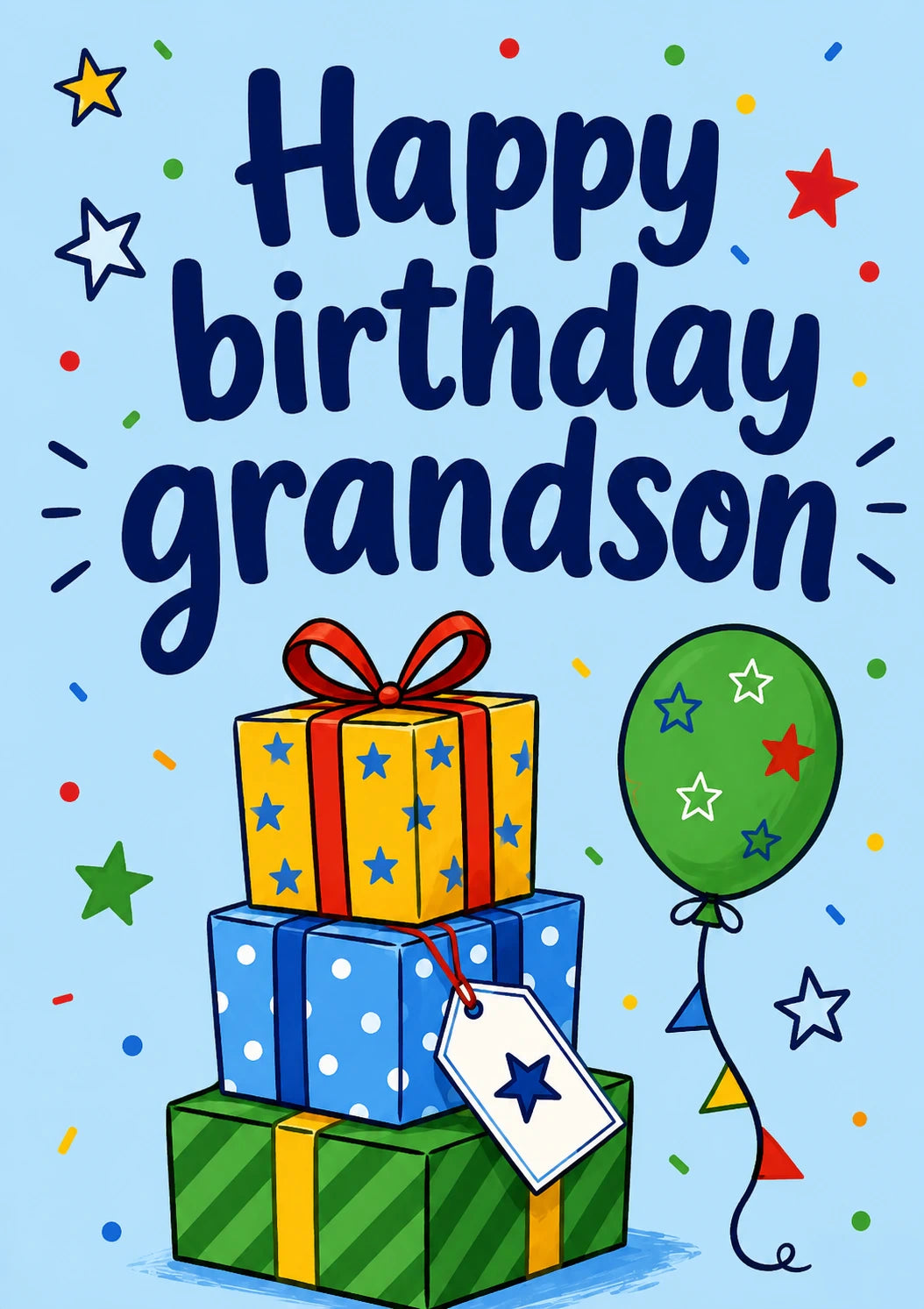 Stacked Gifts and Balloon Grandson Birthday Card for Him