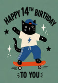 Load image into Gallery viewer, Skateboarding Cool Cat 14th Birthday Card for Him
