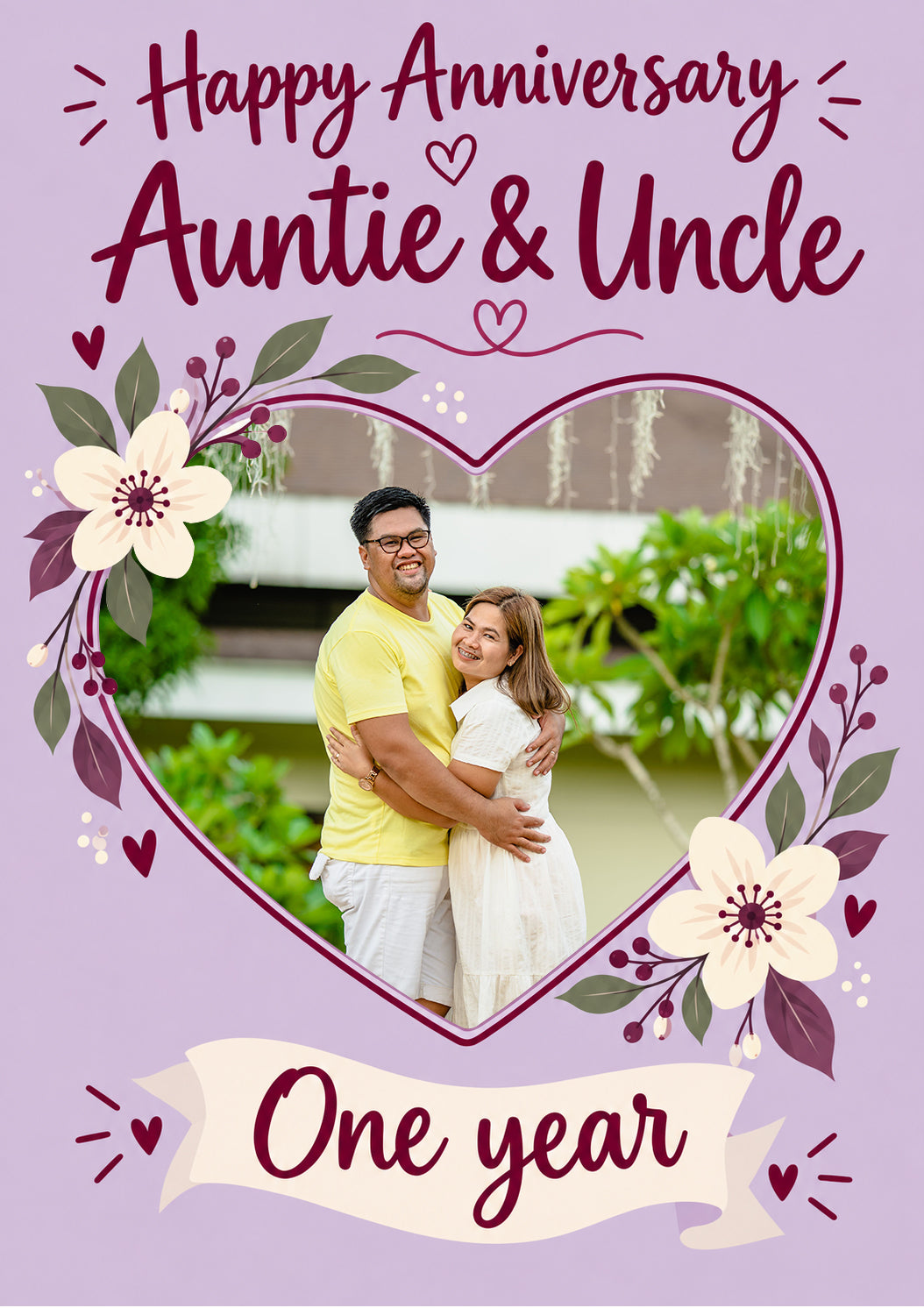 Floral Heart Frame Auntie & Uncle One Year Photo Upload Anniversary Card