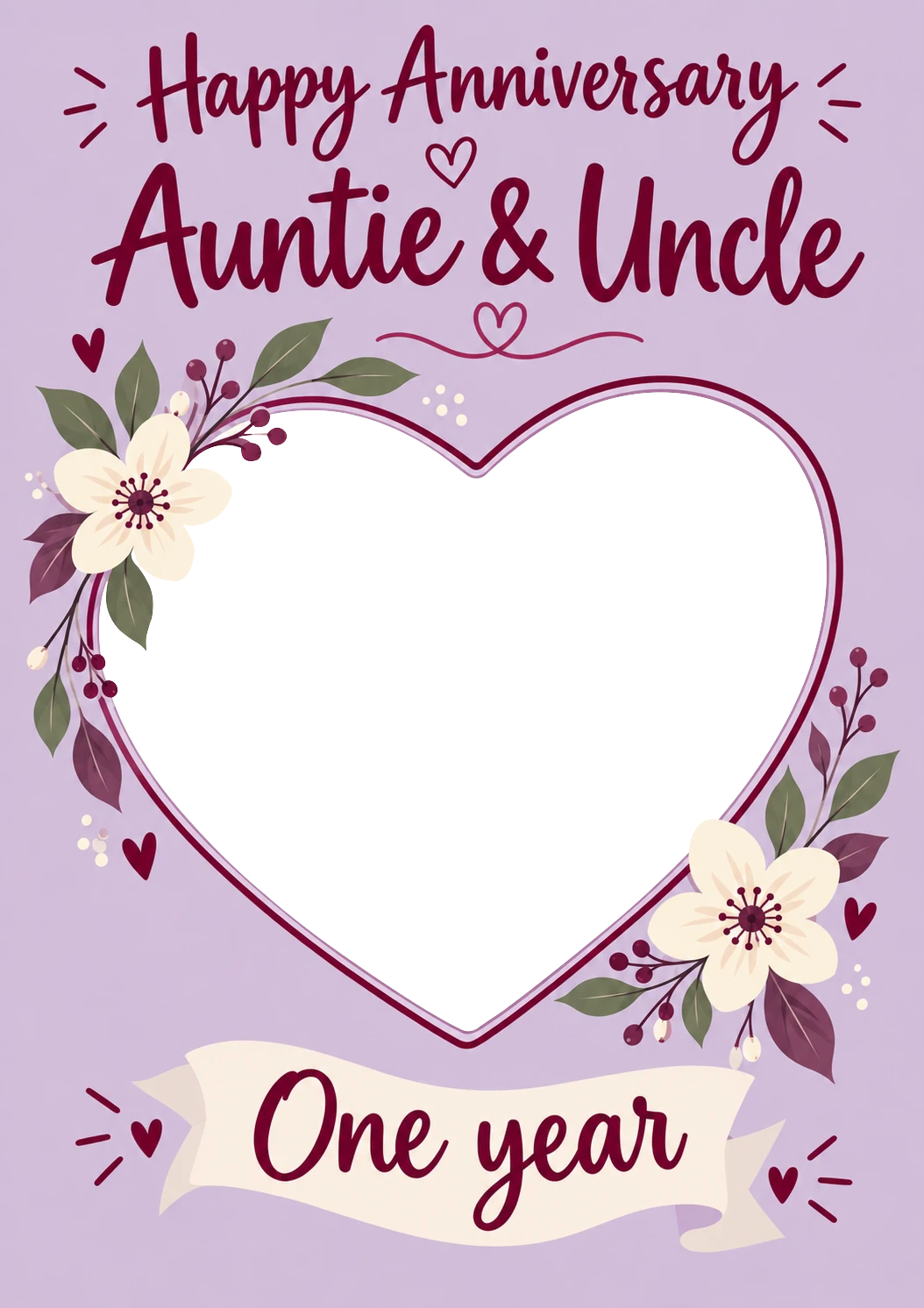 Floral Heart Frame Auntie & Uncle One Year Photo Upload Anniversary Card