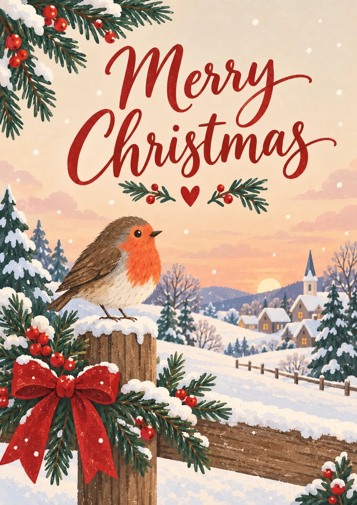 Robin Red Breast Snowy Village Scene Christmas Card