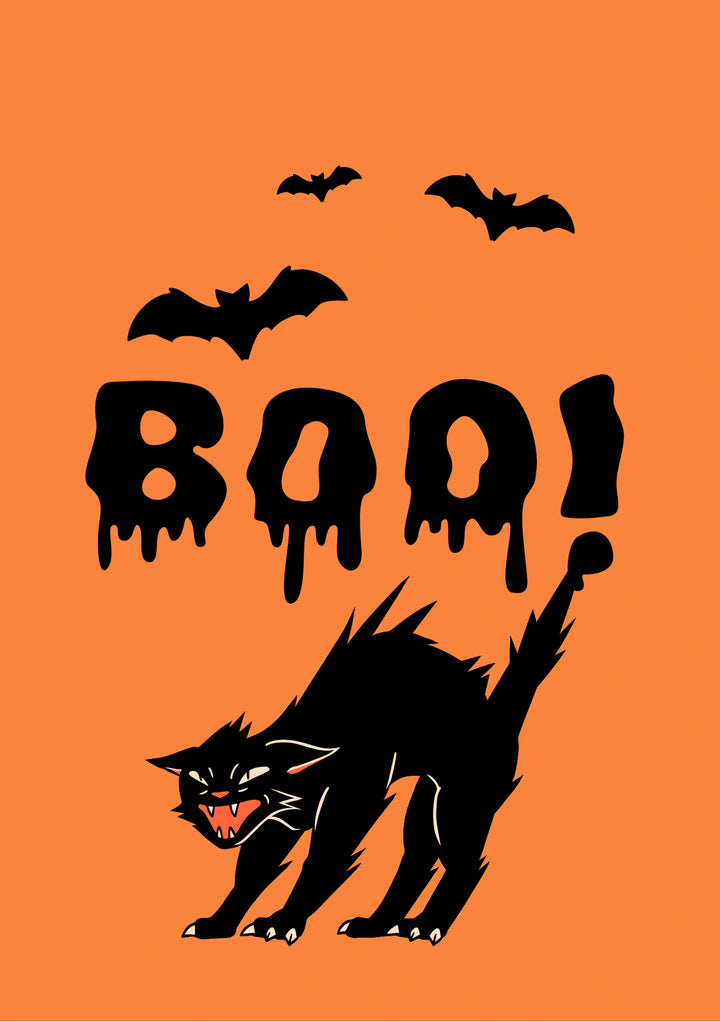 Scary Black Cat and Bats Boo Halloween Card