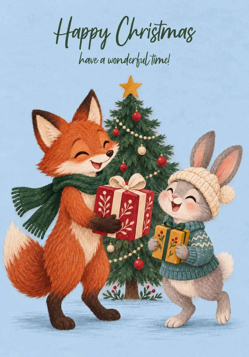 Fox and Bunny Exchanging Gifts Christmas Card for Her
