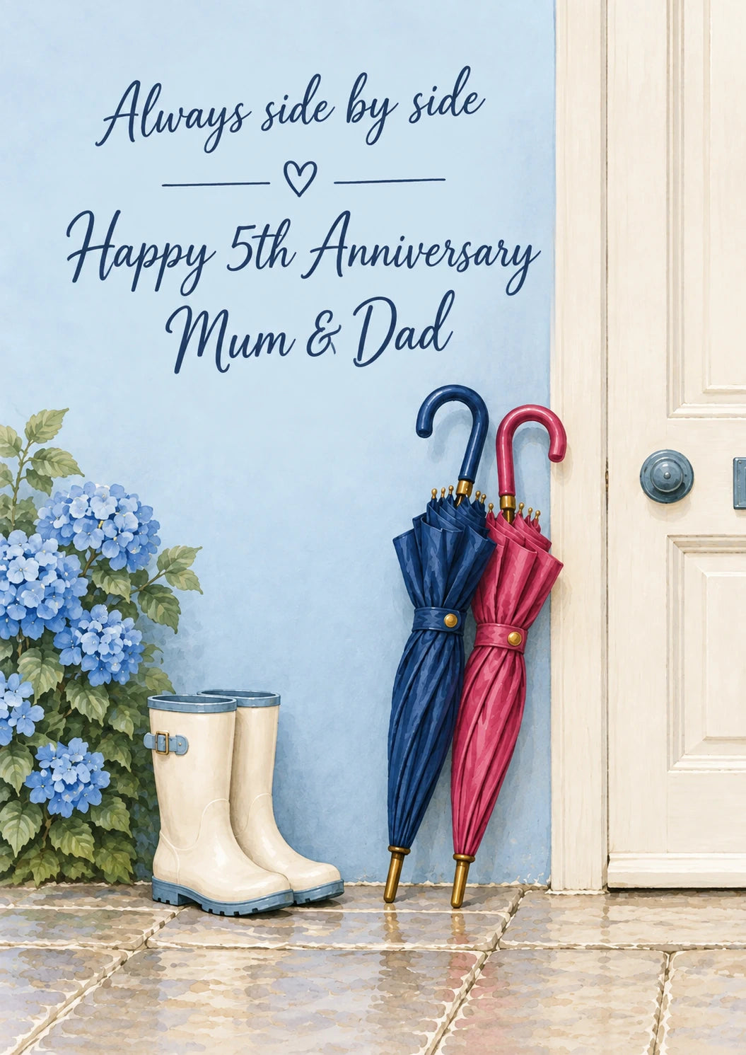 Blue Door Wellies and Umbrellas 5th Anniversary Card