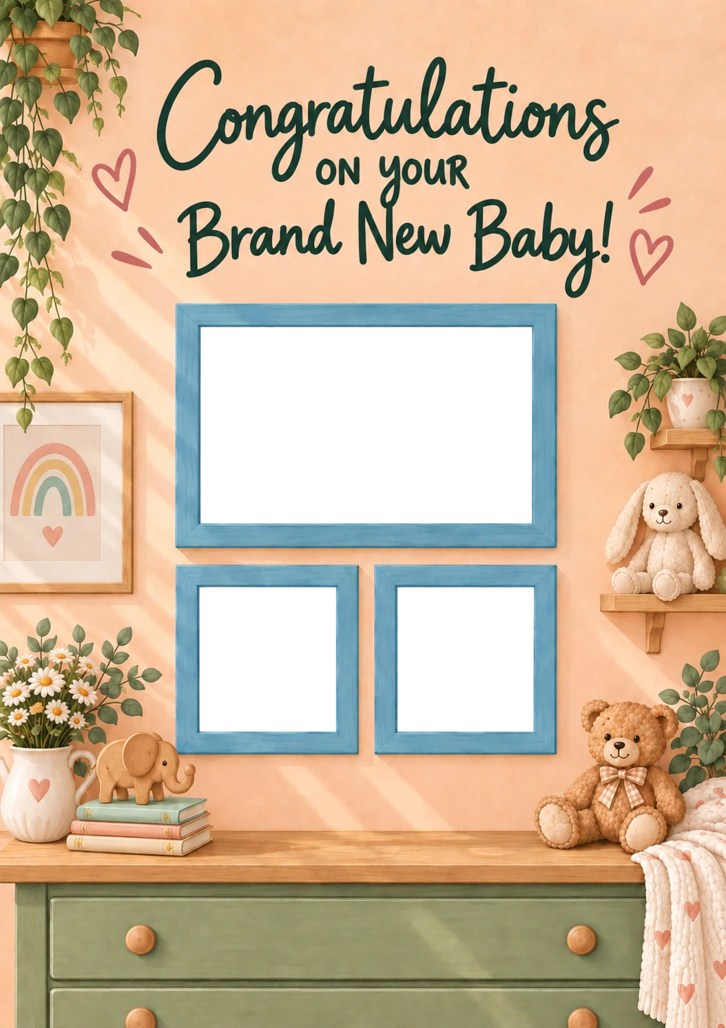 Triple Blue Frame Photo Upload New Baby Card for Daughter
