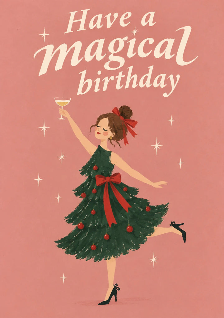 Christmas Tree Dress Dancing Woman Birthday Card for Her