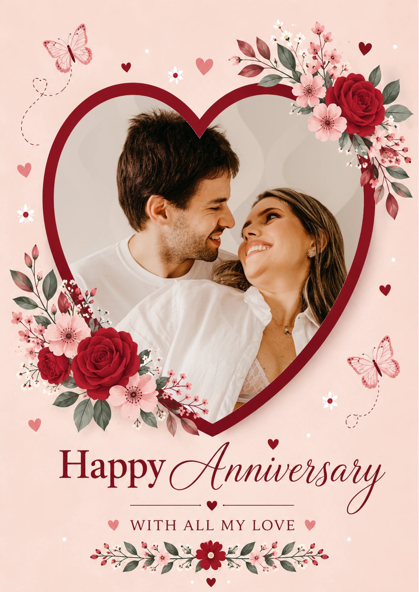Red Rose Floral Heart Photo Upload Anniversary Card for Him