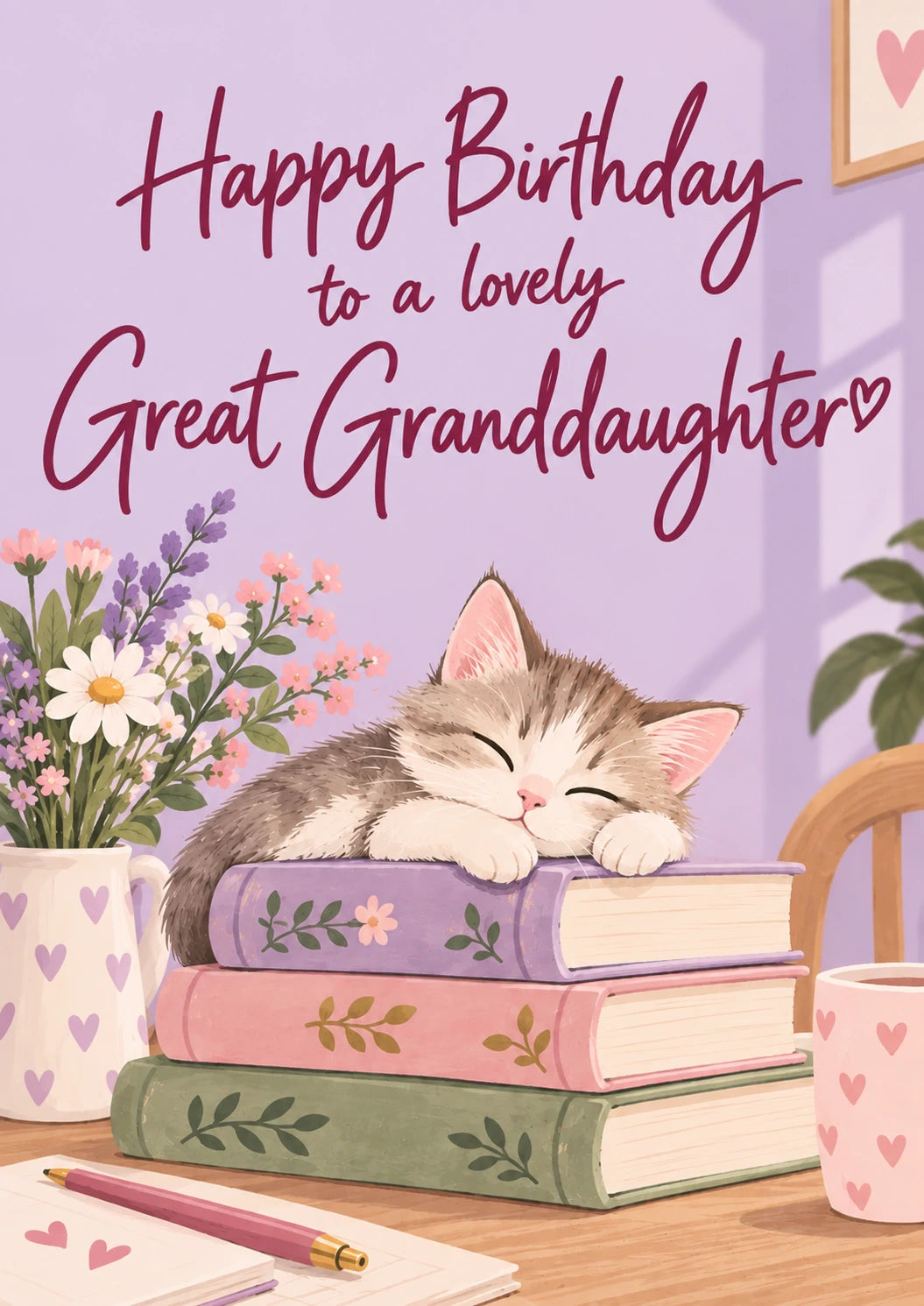 Sleeping Kitten on Books Great Granddaughter Birthday Card for Her
