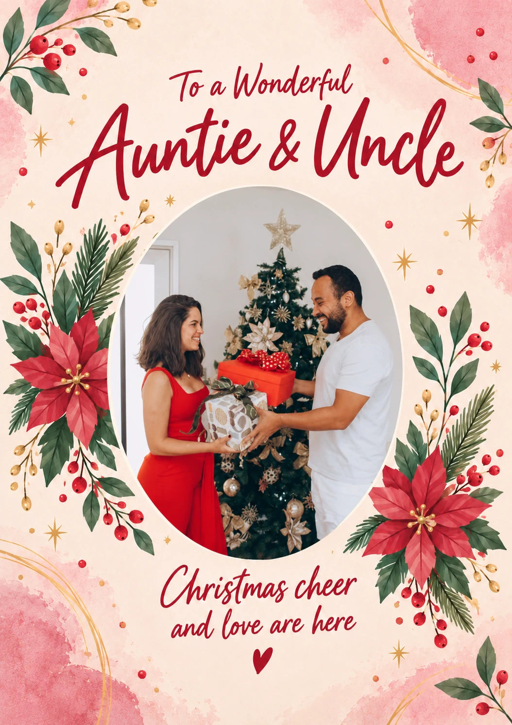 Uplifting Floral Poinsettia Photo Upload Christmas Card for Auntie & Uncle