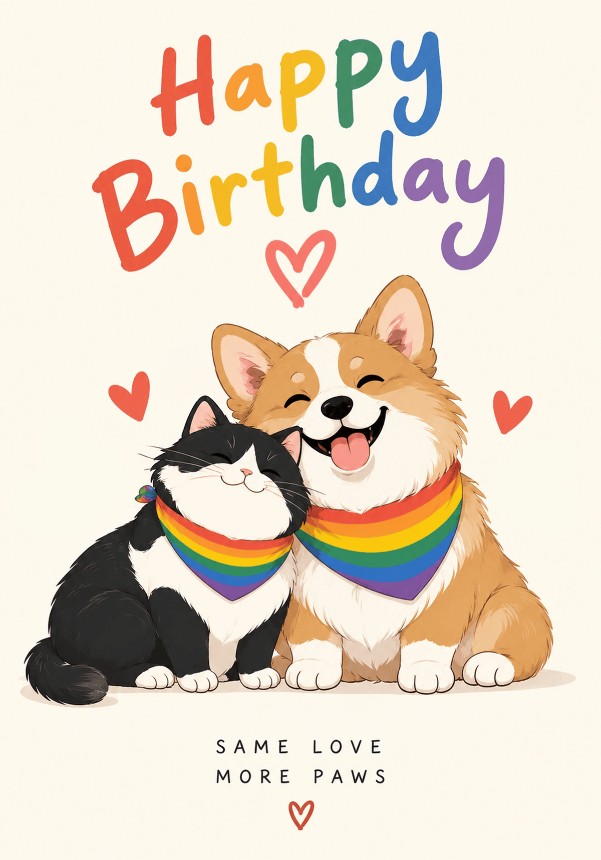 Rainbow Pride Corgi and Cat Snuggling Birthday Card