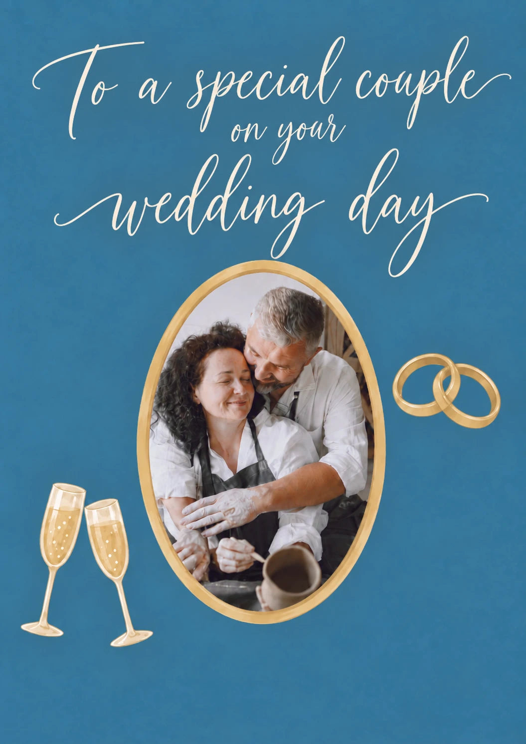 Blue Gold Rings Special Couple Photo Upload Wedding Card
