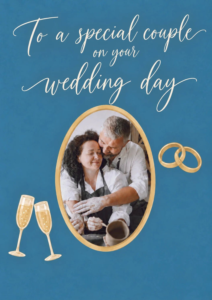 Blue Gold Rings Special Couple Photo Upload Wedding Card