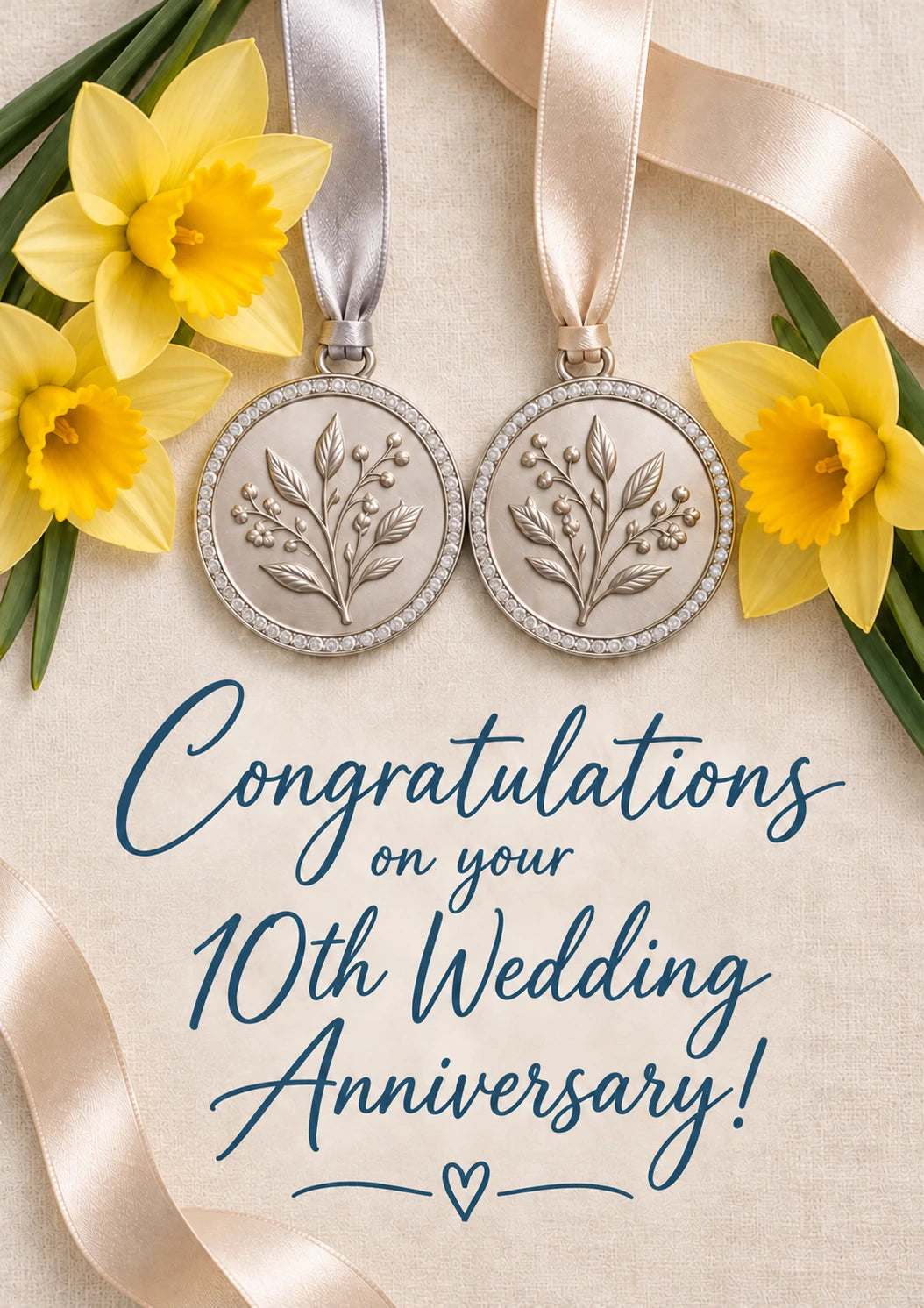 Silver Botanical Medallion 10th Wedding Anniversary Card