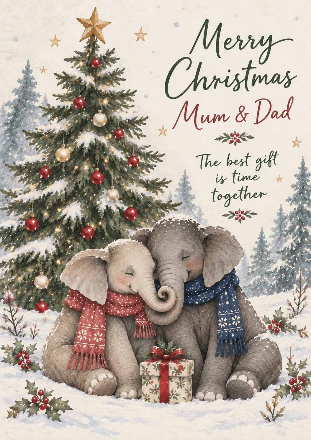 Cute Snuggling Elephants Merry Christmas Card for Mum and Dad