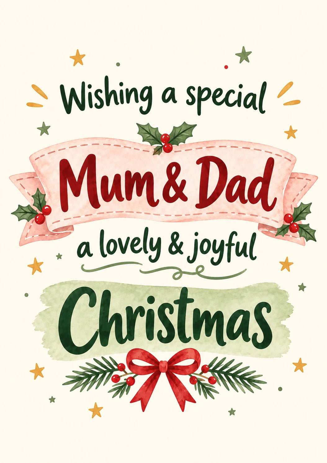 Heartfelt Holly Ribbon Christmas Card for Mum and Dad