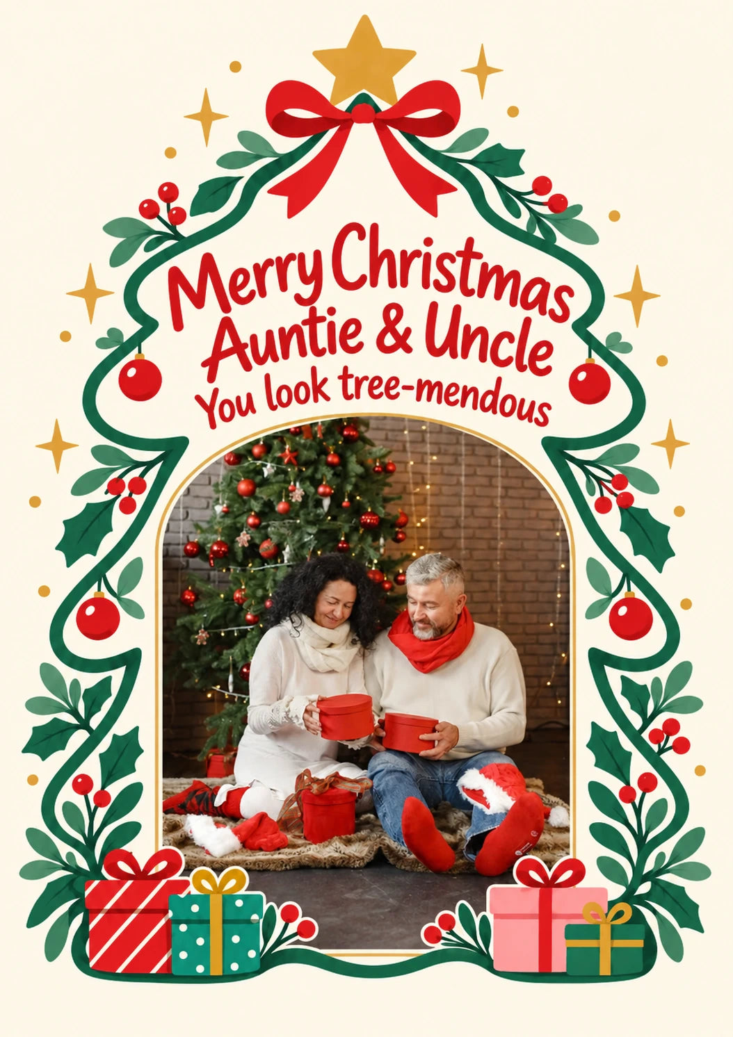 Funny Tree-Mendous Floral Christmas Card for Auntie & Uncle