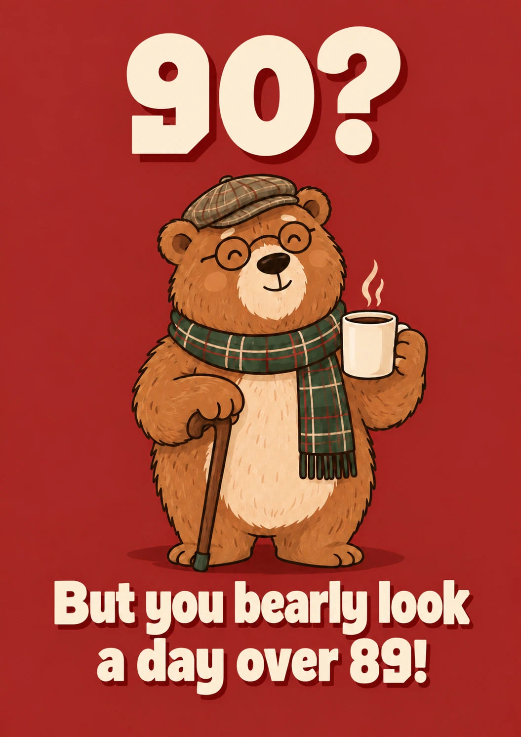 Funny Bear with Walking Stick 90th Birthday Card for Him